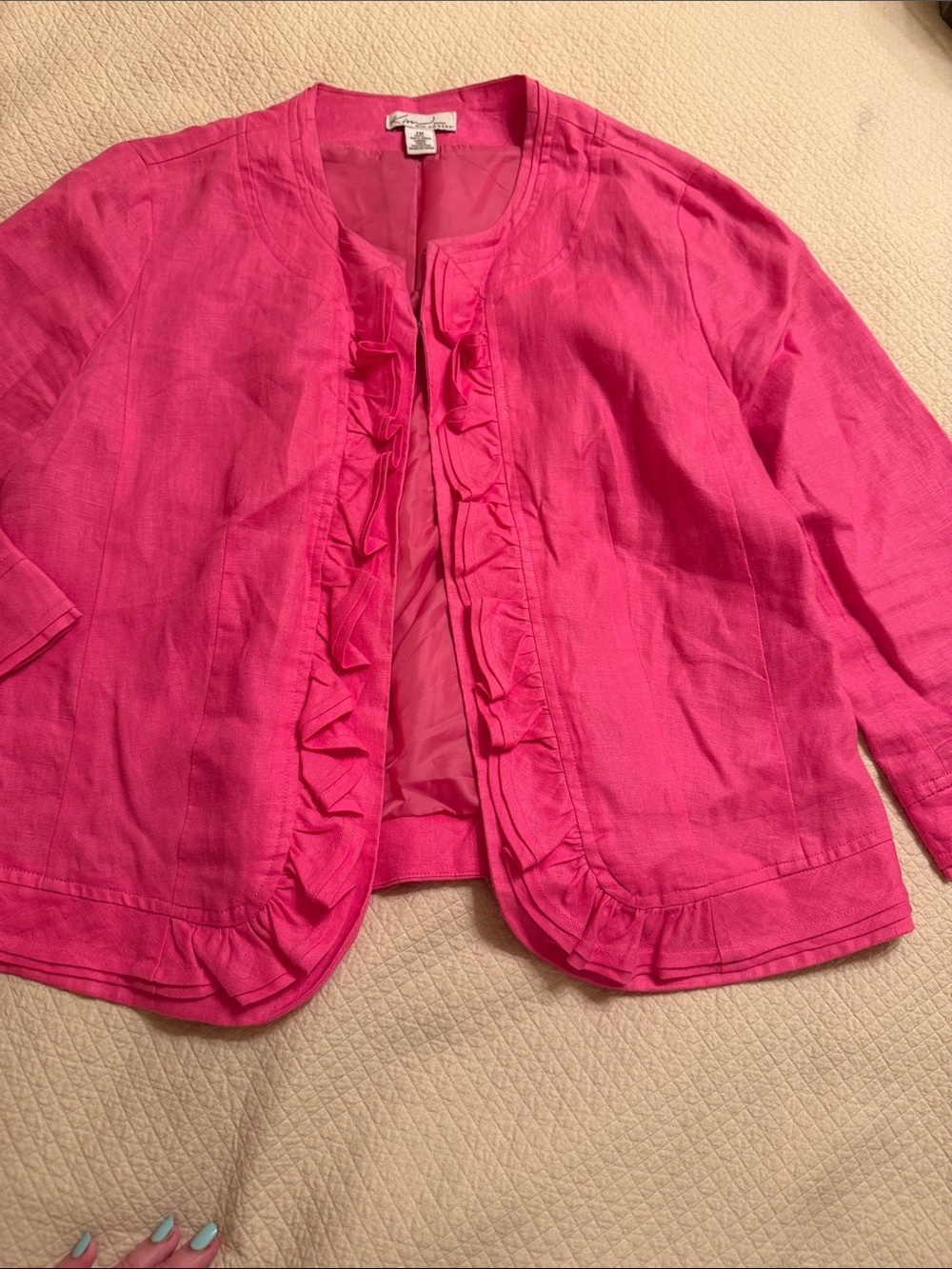 Kim Rogers PM Hot Pink LINEN Ruffle-Trim Jacket -